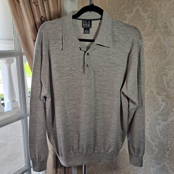 Jos A Banks Mens Large Soft Gray Italian Merino Wool Henley Sweater EUC - Picture 1 of 7